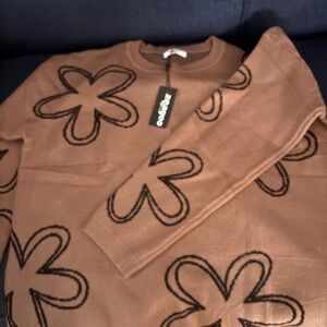 Brown Sweater with Black Flower Design